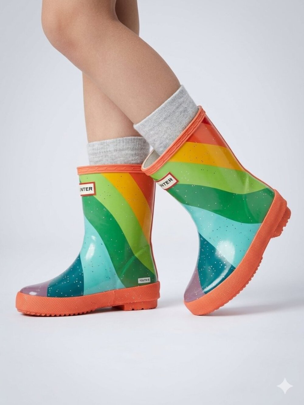 Hunter Rain Boots Classic Diagonal Stripe Giant Glitter Size 6 Optimistic Orange